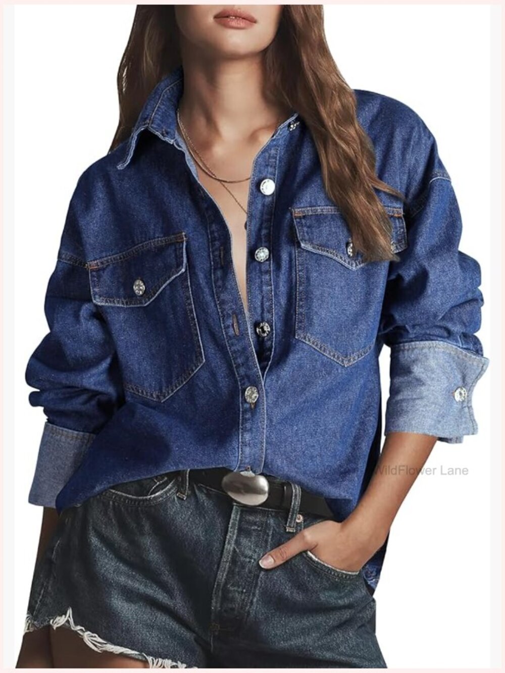Oversized Button Down Denim Shirt Long Sleeve Shacket Casual Top